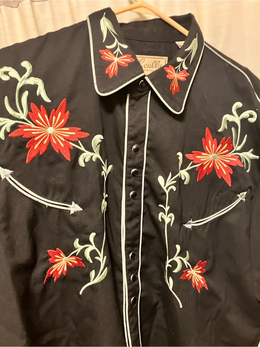 Scully Black Western Button-Down Shirt with Red Flowers Embroidery- Large